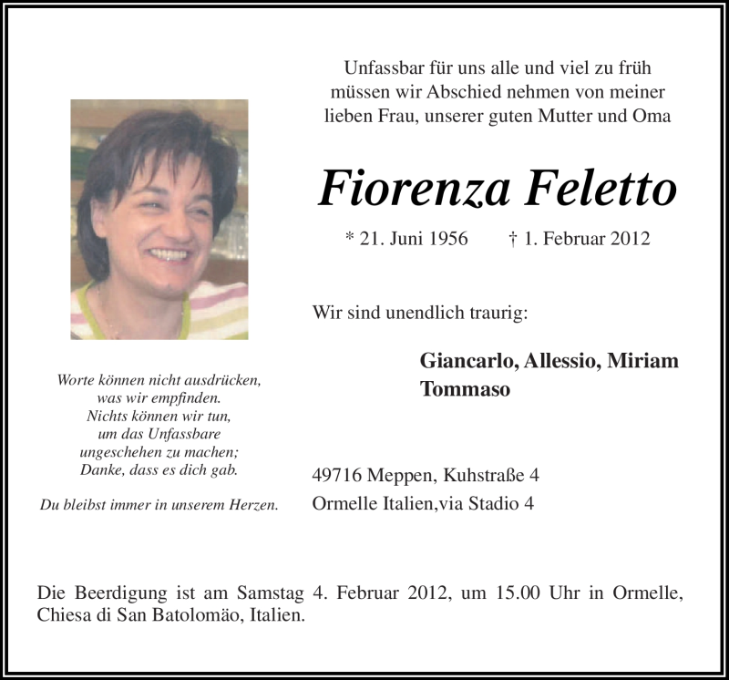 Traueranzeige für Fiorenza Feletto vom 04.02.2012 aus Neue Osnabrücker Zeitung
