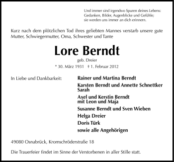 Traueranzeige von Lore Berndt von Neue Osnabrücker Zeitung