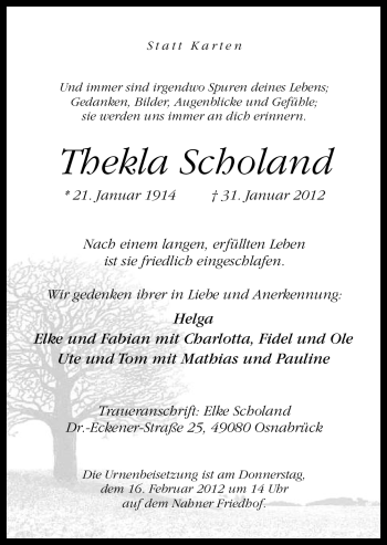 Traueranzeige von Thekla Scholand von Neue Osnabrücker Zeitung