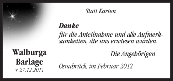 Traueranzeige von Walburga Barlage von Neue Osnabrücker Zeitung