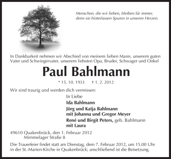 Traueranzeige von Paul Bahlmann von Neue Osnabrücker Zeitung