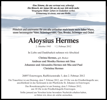 Traueranzeige von Aloysius Hermes von Neue Osnabrücker Zeitung