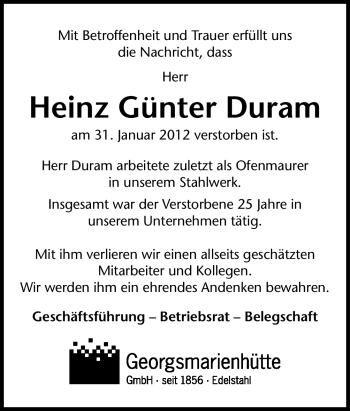 Traueranzeige von Heinz Günter Duram von Neue Osnabrücker Zeitung