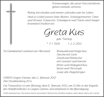 Traueranzeige von Greta Kus von Neue Osnabrücker Zeitung