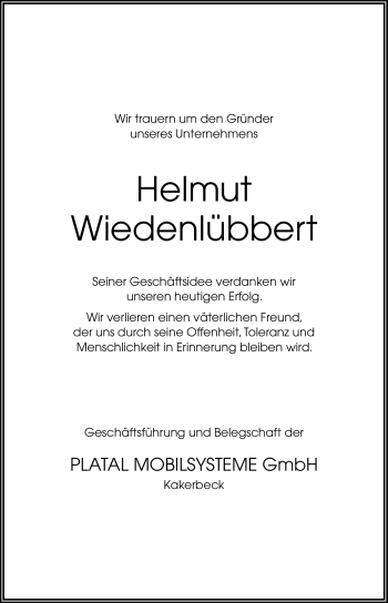 Traueranzeige von Helmut Wiedenlübbert von Neue Osnabrücker Zeitung