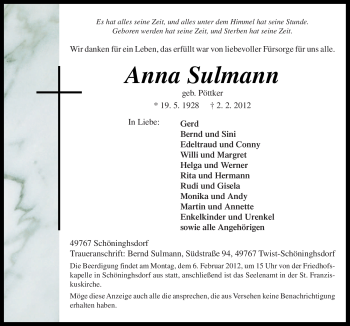 Traueranzeige von Anna Sulmann von Neue Osnabrücker Zeitung