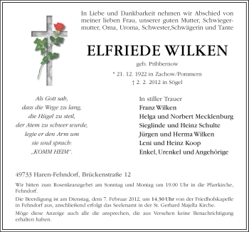 Traueranzeige von Elfriede Wilken von Neue Osnabrücker Zeitung