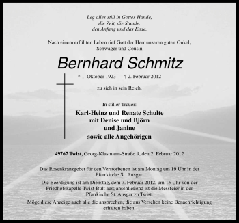 Traueranzeige von Bernhard Schmitz von Neue Osnabrücker Zeitung