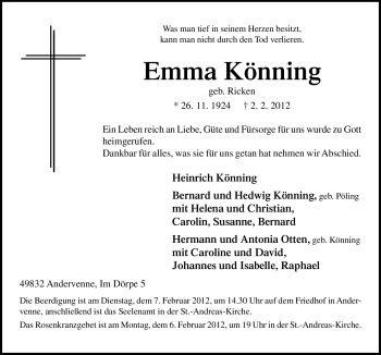 Traueranzeige von Emma Könning von Neue Osnabrücker Zeitung