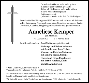 Traueranzeige von Anneliese Kemper von Neue Osnabrücker Zeitung