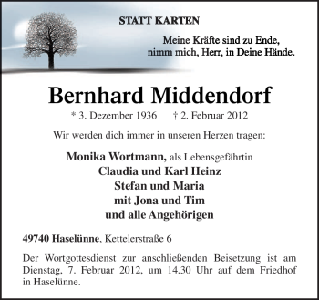 Traueranzeige von Bernhard Middendorf von Neue Osnabrücker Zeitung