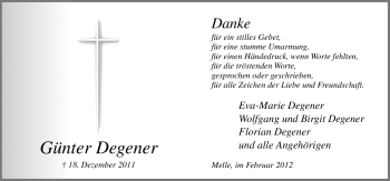 Traueranzeige von Günter Degener von Neue Osnabrücker Zeitung