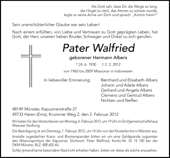 Traueranzeige von Hermann Albers Walfried von Neue Osnabrücker Zeitung