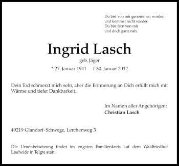 Traueranzeige von Ingrid Lasch von Neue Osnabrücker Zeitung