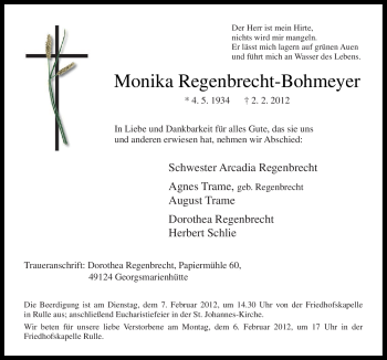 Traueranzeige von Monika Regenbrecht-Bohmeyer von Neue Osnabrücker Zeitung