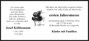 Traueranzeige von Josef Köbbemann von Neue Osnabrücker Zeitung