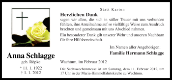 Traueranzeige von Anna Schlagge von Neue Osnabrücker Zeitung