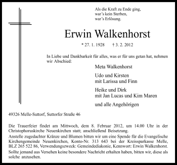 Traueranzeige von Erwin Walkenhorst von Neue Osnabrücker Zeitung