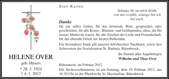 Traueranzeige von Helene Over von Neue Osnabrücker Zeitung