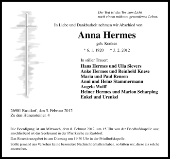 Traueranzeige von Anna Hermes von Neue Osnabrücker Zeitung