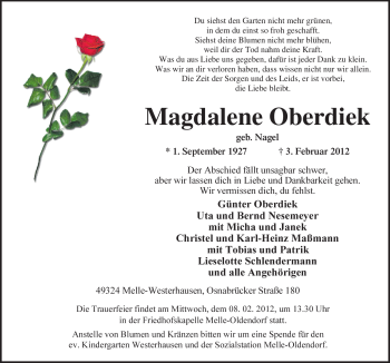 Traueranzeige von Magdalene Oberdiek von Neue Osnabrücker Zeitung