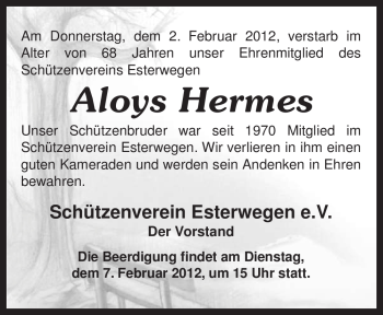Traueranzeige von Aloys Hermes von Neue Osnabrücker Zeitung