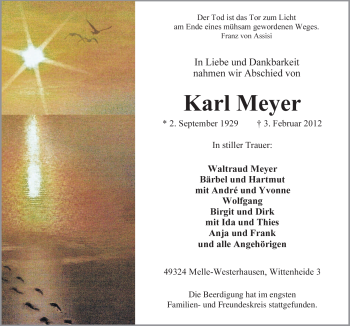Traueranzeige von Karl Meyer von Neue Osnabrücker Zeitung