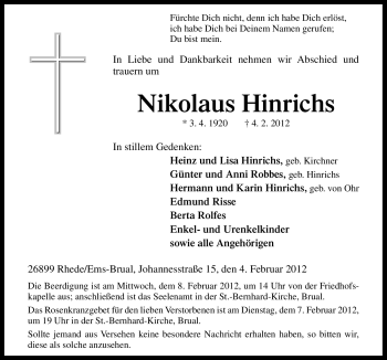 Traueranzeige von Nikolaus Hinrichs von Neue Osnabrücker Zeitung