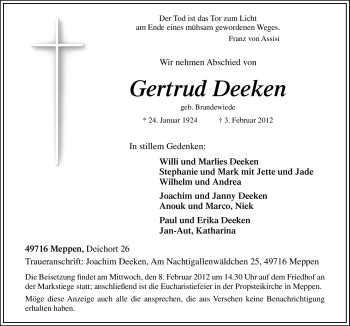 Traueranzeige von Gertrud Deeken von Neue Osnabrücker Zeitung