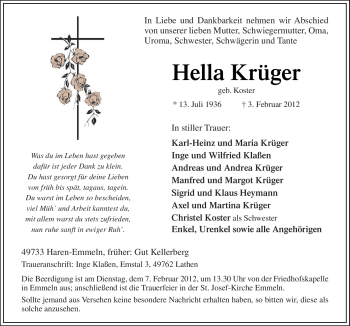Traueranzeige von Hella Krüger von Neue Osnabrücker Zeitung