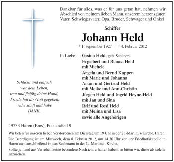 Traueranzeige von Johann Held von Neue Osnabrücker Zeitung