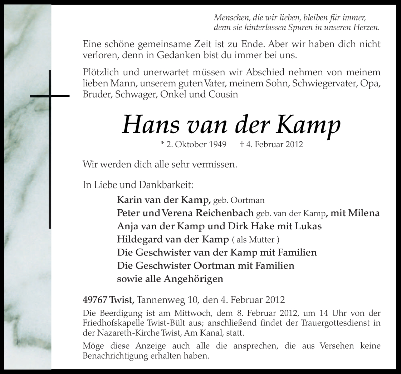  Traueranzeige für Hans van der Kamp vom 06.02.2012 aus Neue Osnabrücker Zeitung