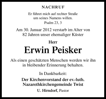 Traueranzeige von Erwin Peisker von Neue Osnabrücker Zeitung