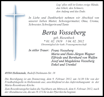 Traueranzeige von Betra Vosseberg von Neue Osnabrücker Zeitung