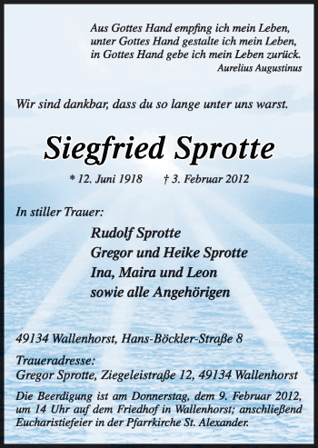 Traueranzeige von Siegfried Sprotte von Neue Osnabrücker Zeitung