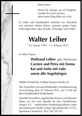 Traueranzeige von Walter Leiber von Neue Osnabrücker Zeitung