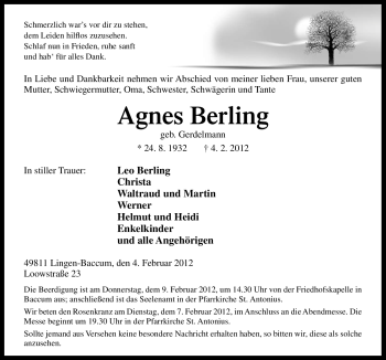 Traueranzeige von Agnes Berling von Neue Osnabrücker Zeitung
