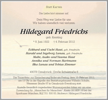 Traueranzeige von Hildegard Friedrichs von Neue Osnabrücker Zeitung