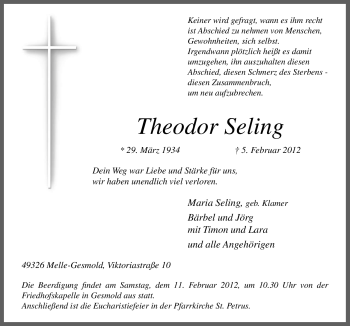 Traueranzeige von Theodor Seling von Neue Osnabrücker Zeitung