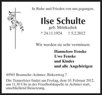 Traueranzeige von Ilse Schulte von Neue Osnabrücker Zeitung