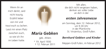 Traueranzeige von Maria Gebken von Neue Osnabrücker Zeitung