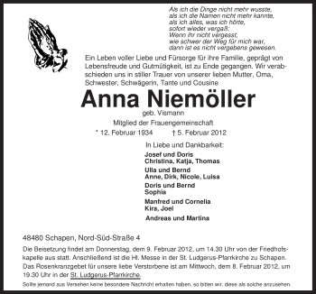 Traueranzeige von Anna Niemöller von Neue Osnabrücker Zeitung