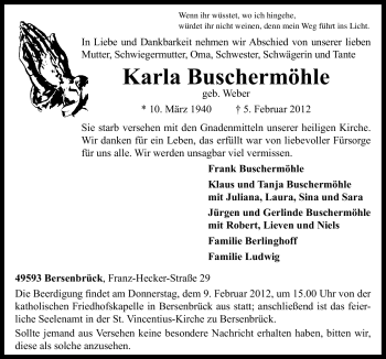 Traueranzeige von Karla Buschermöhle von Neue Osnabrücker Zeitung