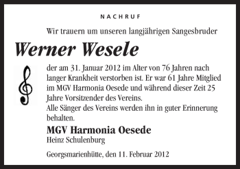 Traueranzeige von Werner Wesele von Neue Osnabrücker Zeitung