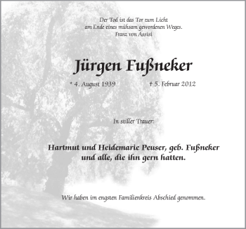 Traueranzeige von Jürgen Fußneker von Neue Osnabrücker Zeitung