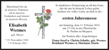 Traueranzeige von Elisabeth Wermes von Neue Osnabrücker Zeitung