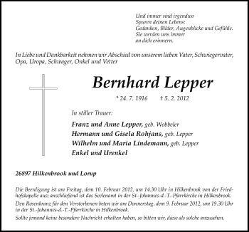 Traueranzeige von Bernhard Lepper von Neue Osnabrücker Zeitung