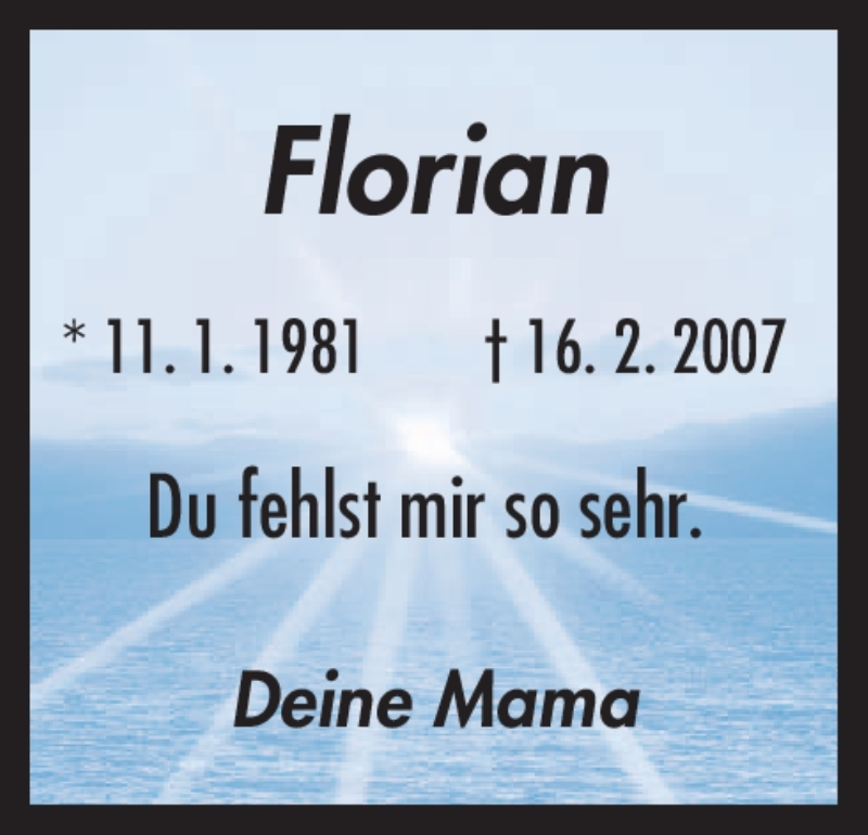  Traueranzeige für Florian  vom 16.02.2012 aus Neue Osnabrücker Zeitung