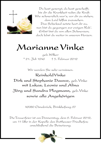 Traueranzeige von Marianne Vinke von Neue Osnabrücker Zeitung