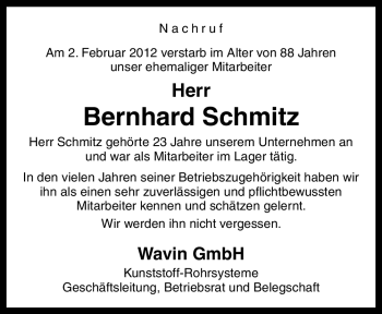 Traueranzeige von Bernhard Schmitz von Neue Osnabrücker Zeitung